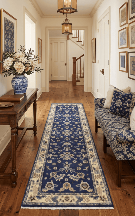 2.6x8 Traditional Blue and Beige Hand Knotted Wool Area Rug