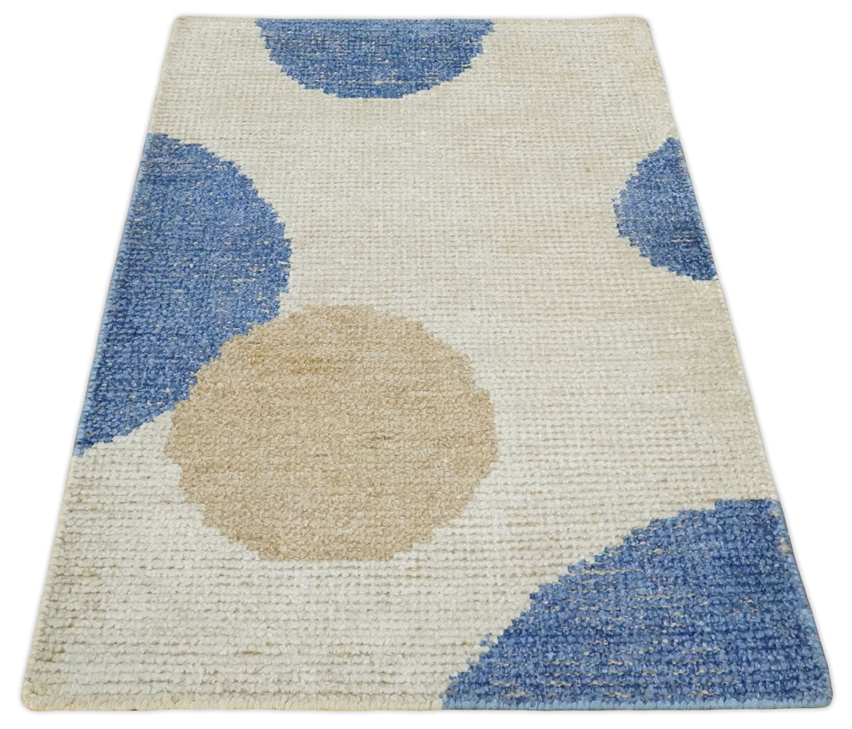 2x3 Beige and Blue Hand Knotted Modern Polka Dots Wool Rug
