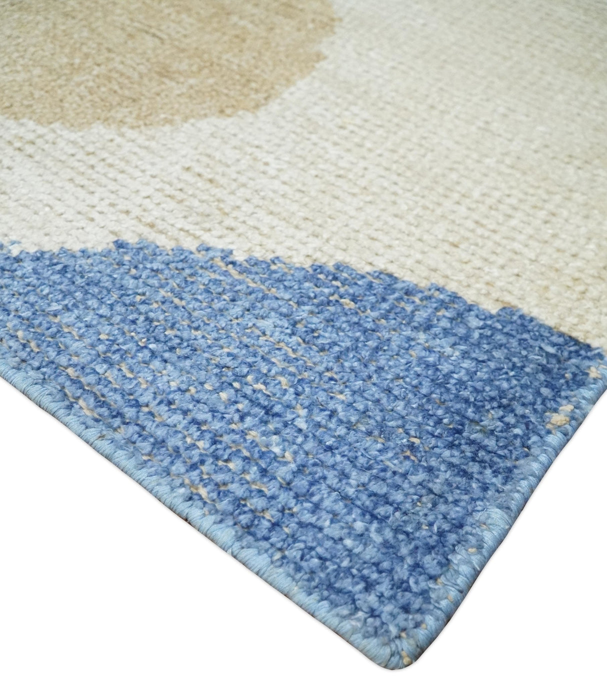 2x3 Beige and Blue Hand Knotted Modern Polka Dots Wool Rug
