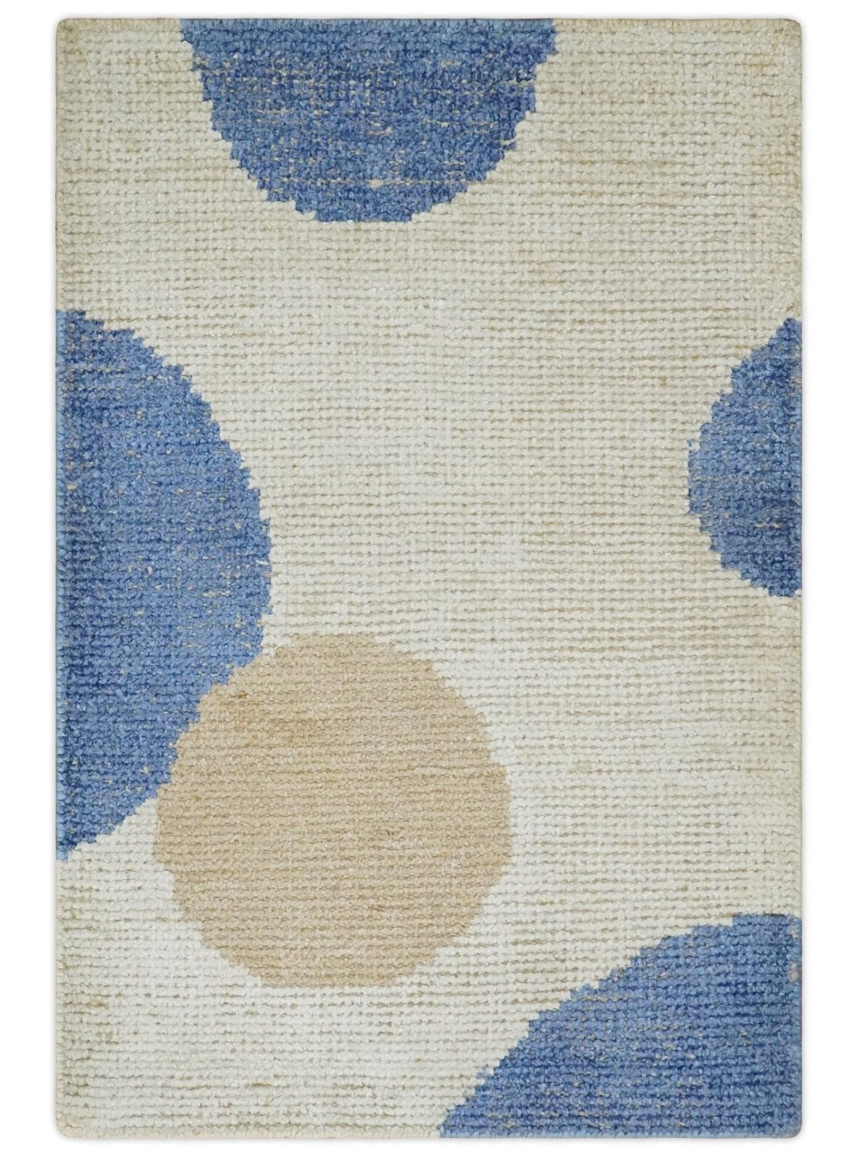 2x3 Beige and Blue Hand Knotted Modern Polka Dots Wool Rug