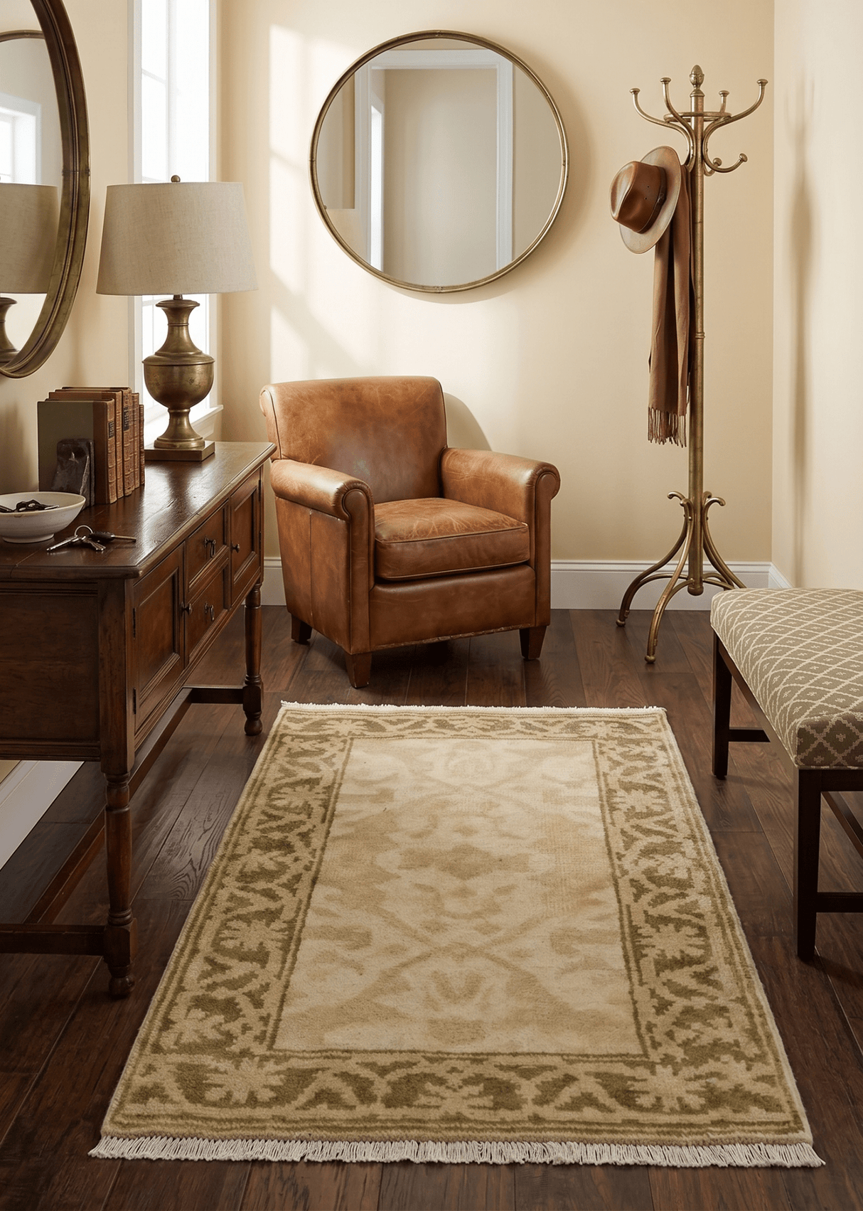 2x3 Hand Knotted Beige and Olive Traditional Oushak Wool Rug