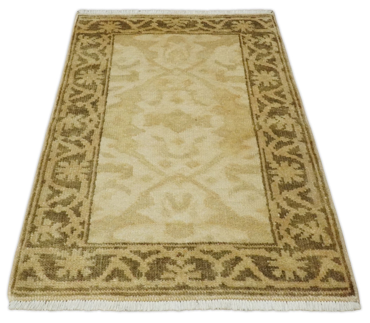 2x3 Hand Knotted Beige and Olive Traditional Oushak Wool Rug