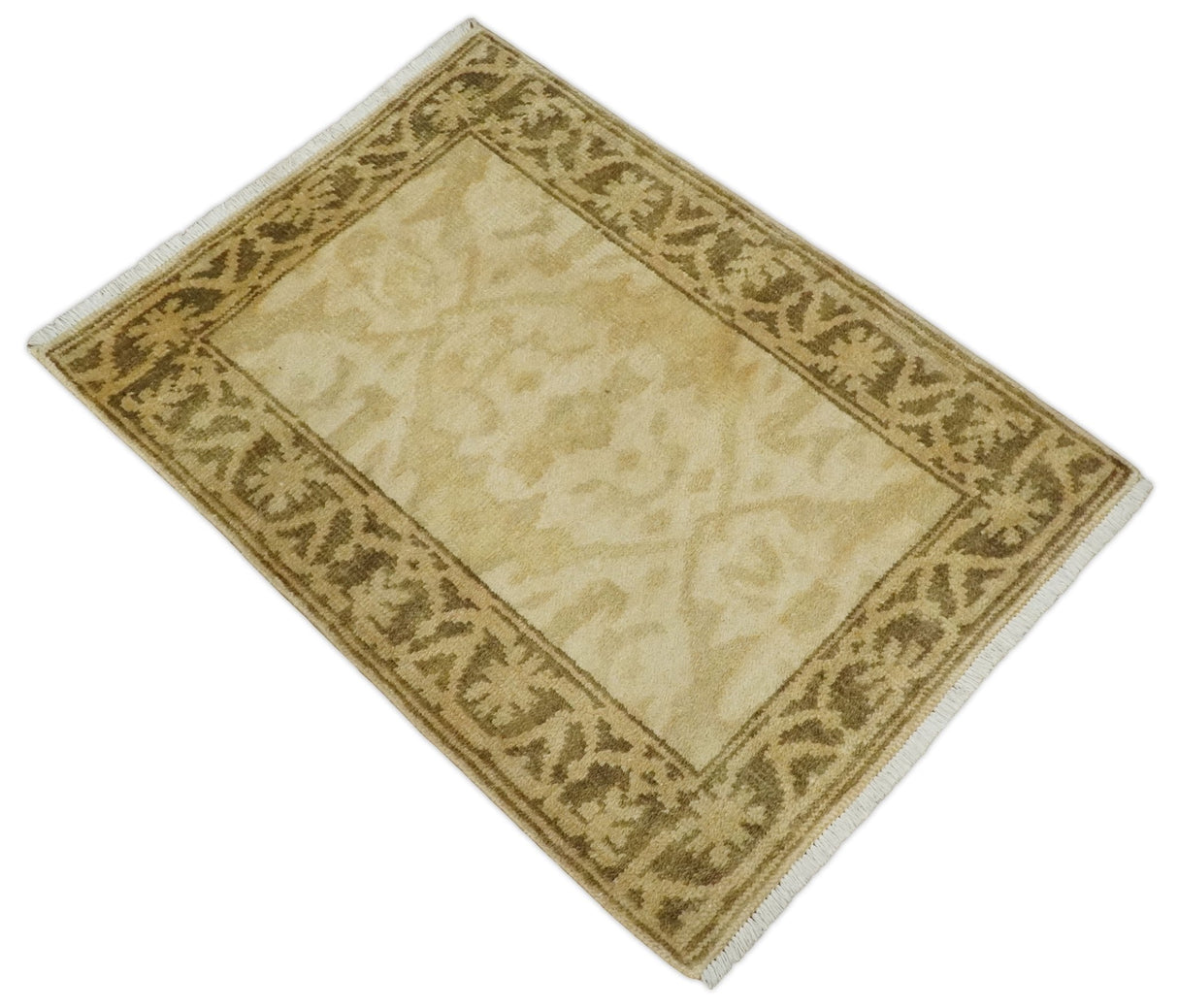 2x3 Hand Knotted Beige and Olive Traditional Oushak Wool Rug