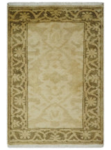 2x3 Hand Knotted Beige and Olive Traditional Oushak Wool Rug