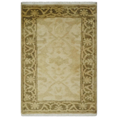 2x3 Hand Knotted Beige and Olive Traditional Persian Oushak Wool Rug | N323-Area Rug-Parc Decor