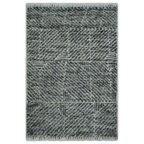 2x3 Hand Knotted Ivory and Charcoal Geometrical Design Wool Area Rug-Area Rug-Parc Decor