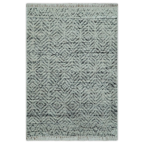 2x3 Hand Knotted Ivory and Charcoal Stripes Tribal Pattern Wool Rug-Area Rug-Parc Decor