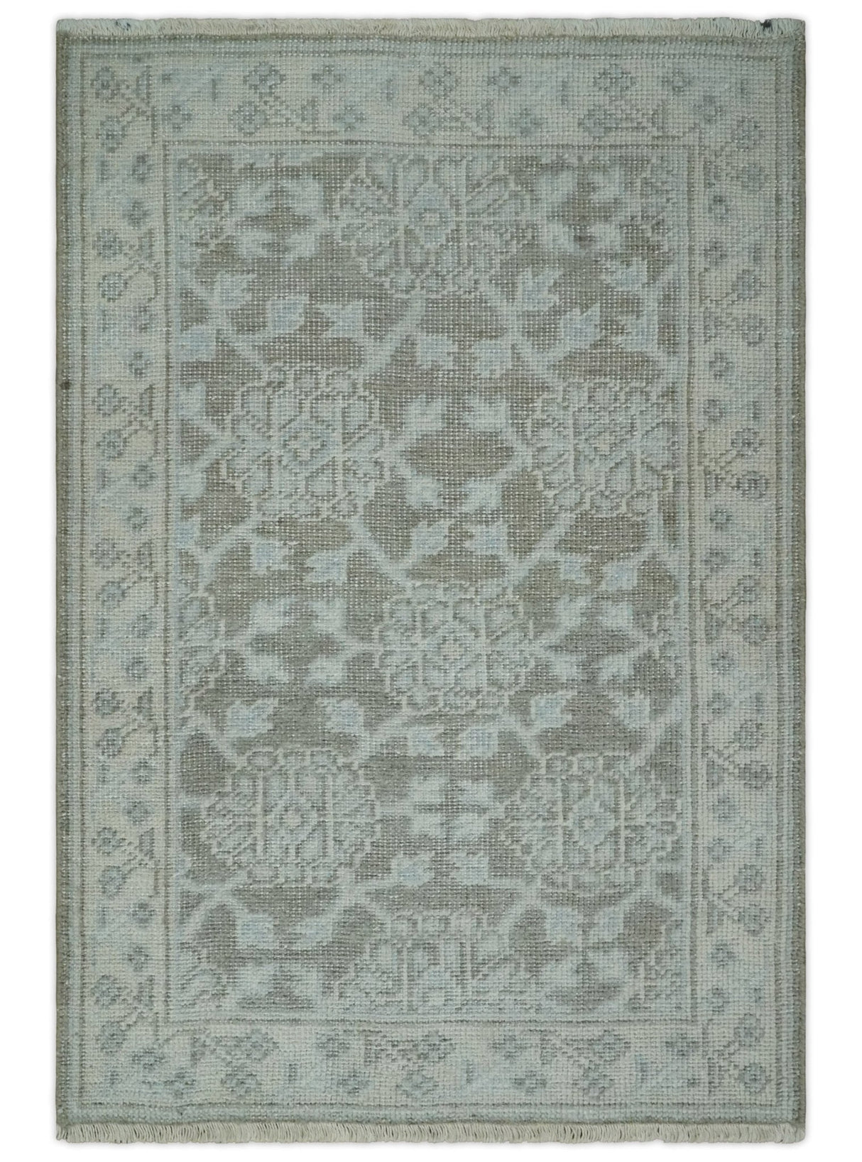 2x3 Hand Knotted Ivory and Gray Traditional Persian Wool Rug