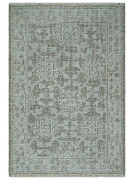 2x3 Hand Knotted Ivory and Gray Traditional Persian Wool Rug