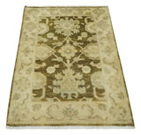 2x3 Hand Knotted Olive And Beige Traditional Oushak Wool Rug