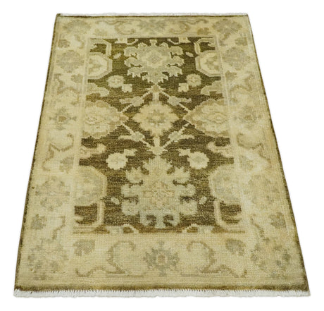 2x3 Hand Knotted Olive And Beige Traditional Oushak Wool Rug