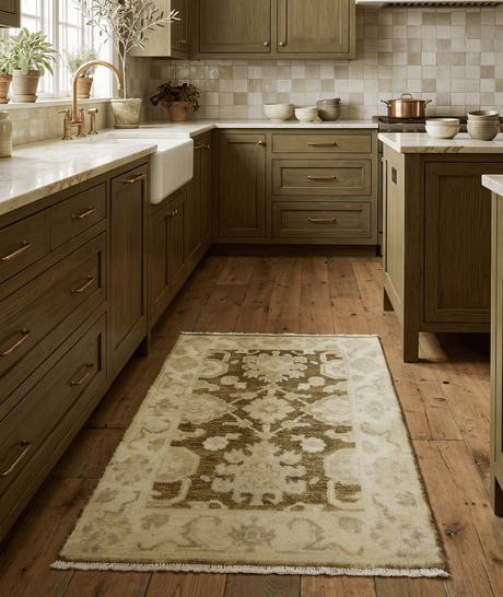 2x3 Hand Knotted Olive And Beige Traditional Oushak Wool Rug