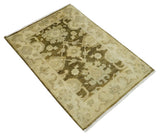 2x3 Hand Knotted Olive And Beige Traditional Oushak Wool Rug