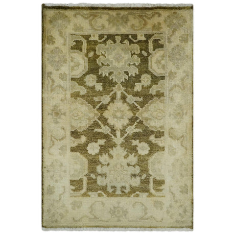 2x3 Hand Knotted Olive, Beige and Gray Traditional Persian Oushak Wool Rug | N4323-Area Rug-Parc Decor