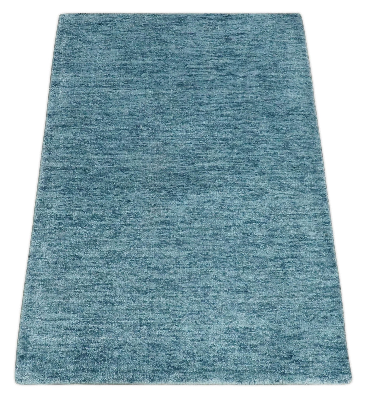 2x3 Hand Woven Modern Solid Blue Wool Rug