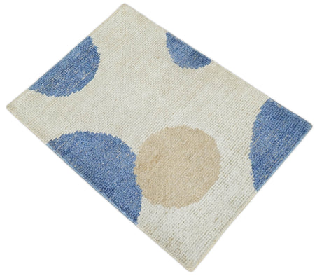 2x3 Ivory, Beige and Blue Wool Hand Knotted Modern Polka Dots Kids Rug-Parc Decor