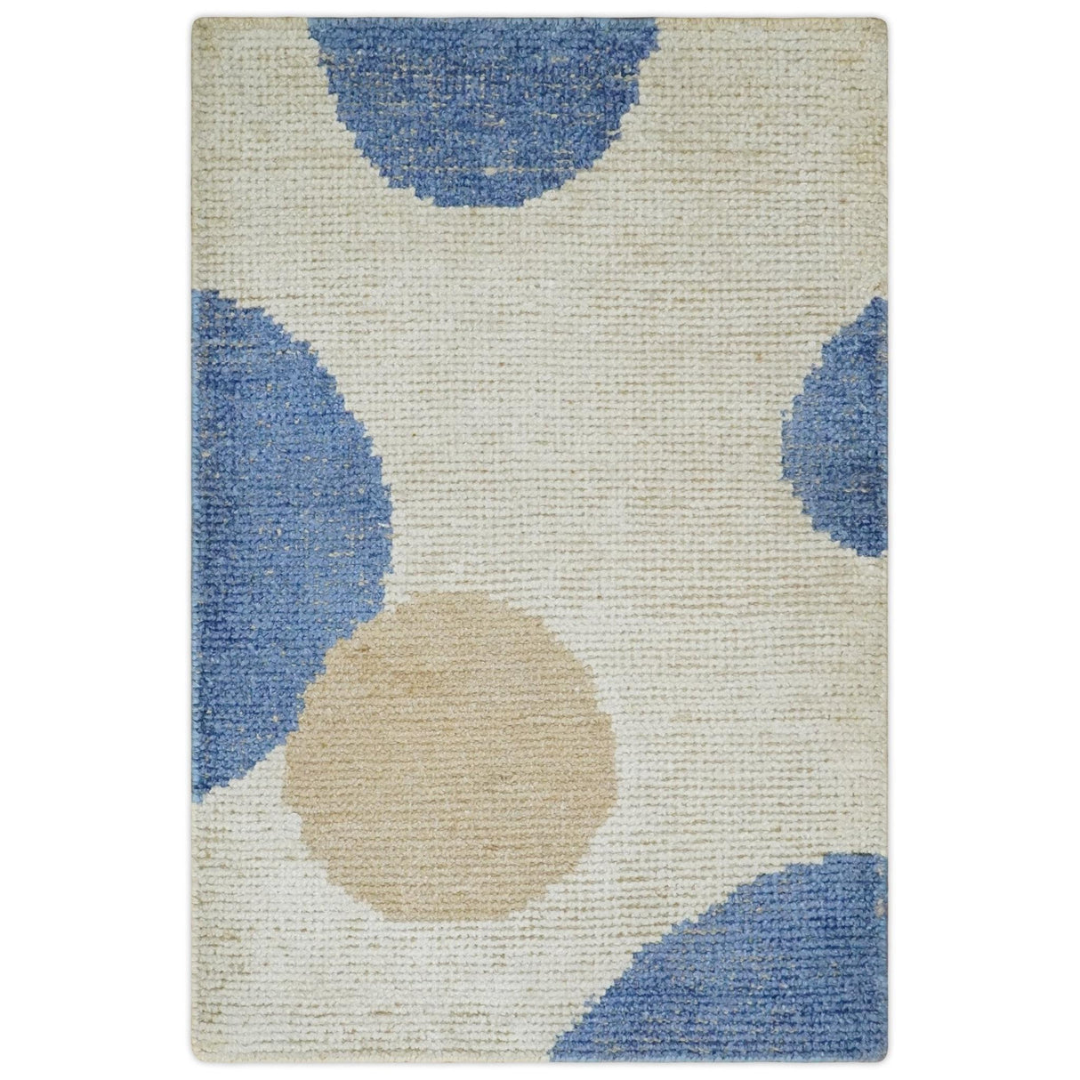 2x3 Ivory, Beige and Blue Wool Hand Knotted Modern Polka Dots Kids Rug-Parc Decor