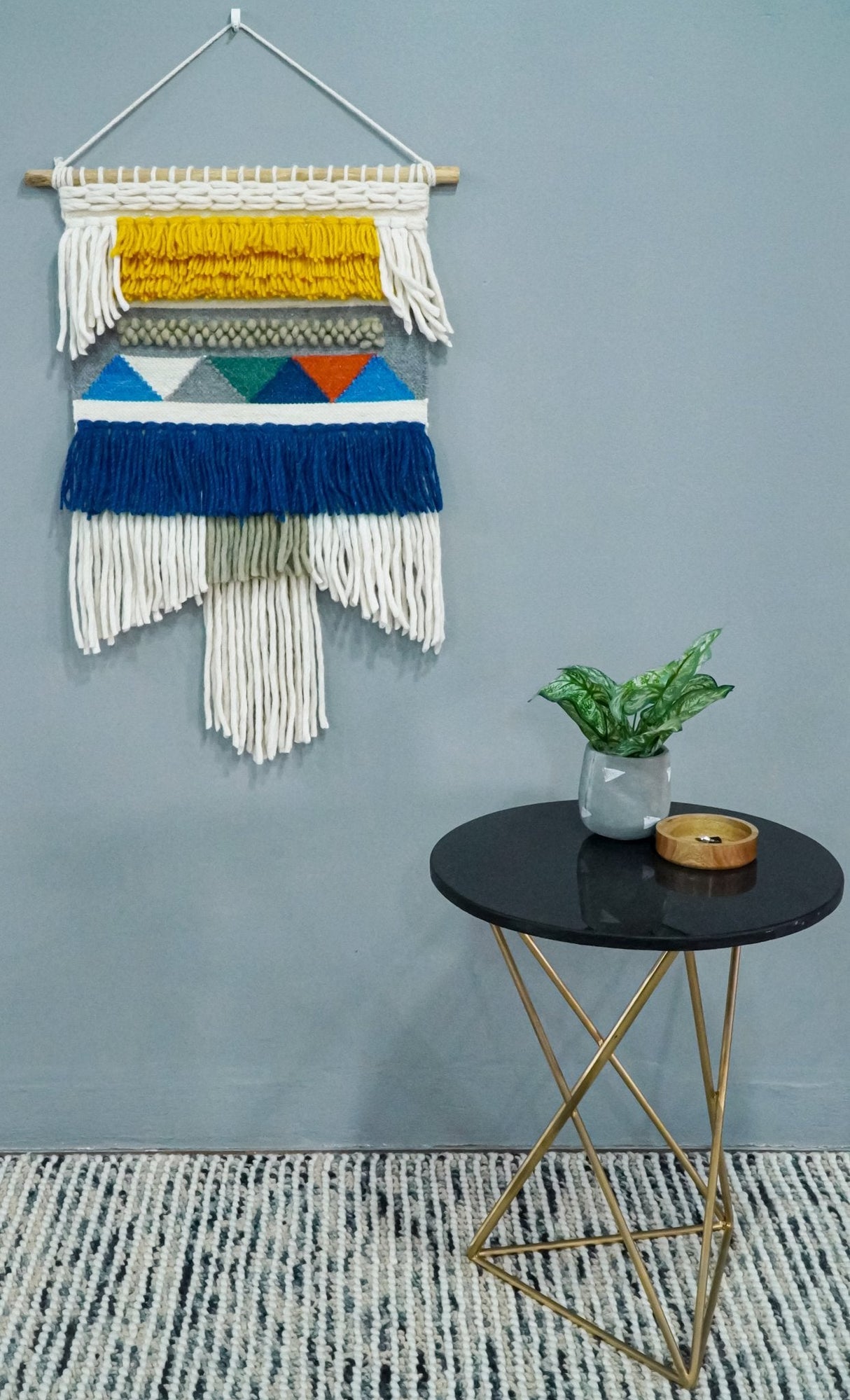 2x3 Wool Hand Woven Blue, White and Gold Boho Wall Hanging-Wall Hanging-Parc Decor