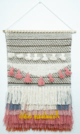 2x3 Wool Hand Woven Brown, White and Pink Boho Wall Hanging-Wall Hanging-Parc Decor