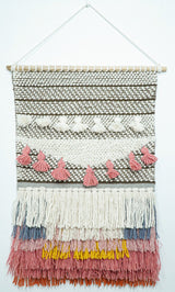 2x3 Wool Hand Woven Brown, White and Pink Boho Wall Hanging | WH1