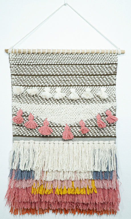 2x3 Wool Hand Woven Brown, White and Pink Boho Wall Hanging | WH1