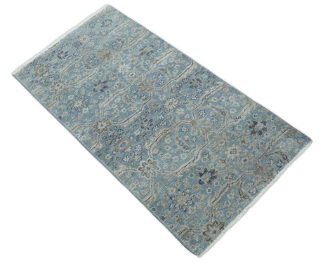 2x4 Aqua Blue and Beige Hand Knotted Traditional Vintage Wool Rug