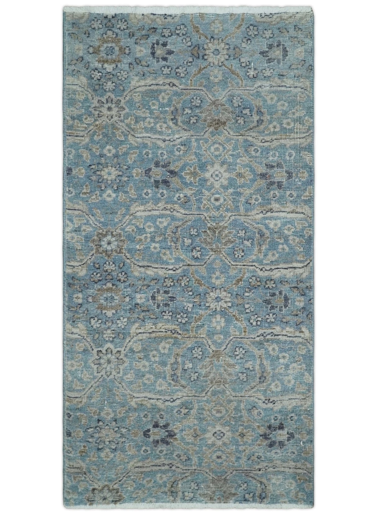2x4 Aqua Blue and Beige Hand Knotted Traditional Vintage Wool Rug