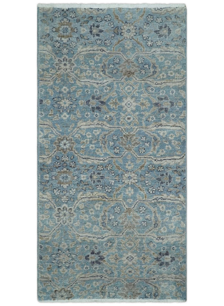 2x4 Aqua Blue and Beige Hand Knotted Traditional Vintage Wool Rug