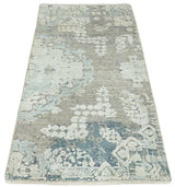2x4 Beige and Blue Wool and Silk Hand Knotted traditional Vintage Antique Rug