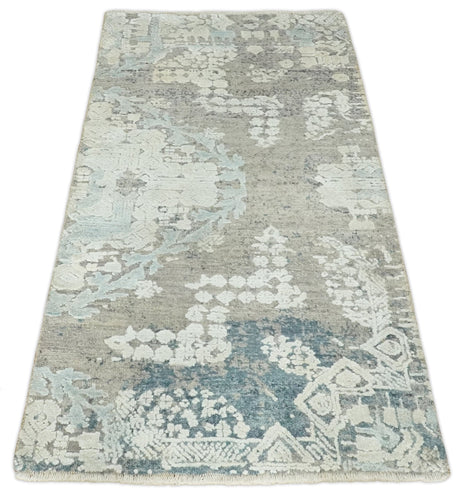 2x4 Beige and Blue Wool and Silk Hand Knotted traditional Vintage Antique Rug