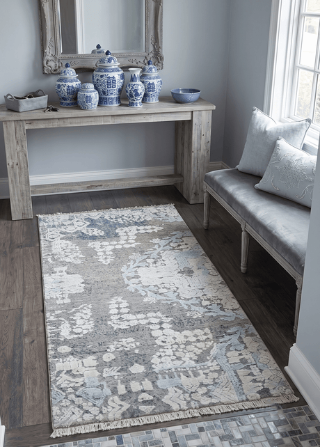 2x4 Beige and Blue Wool and Silk Hand Knotted traditional Vintage Antique Rug