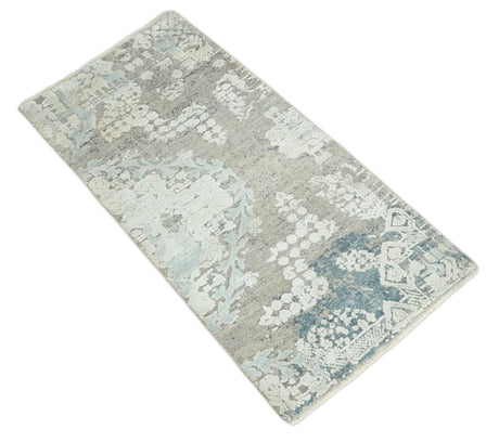 2x4 Beige and Blue Wool and Silk Hand Knotted traditional Vintage Antique Rug