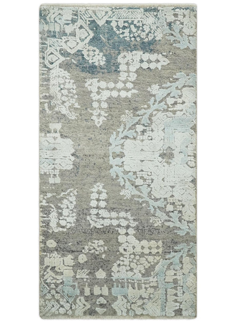 2x4 Beige and Blue Wool and Silk Hand Knotted traditional Vintage Antique Rug