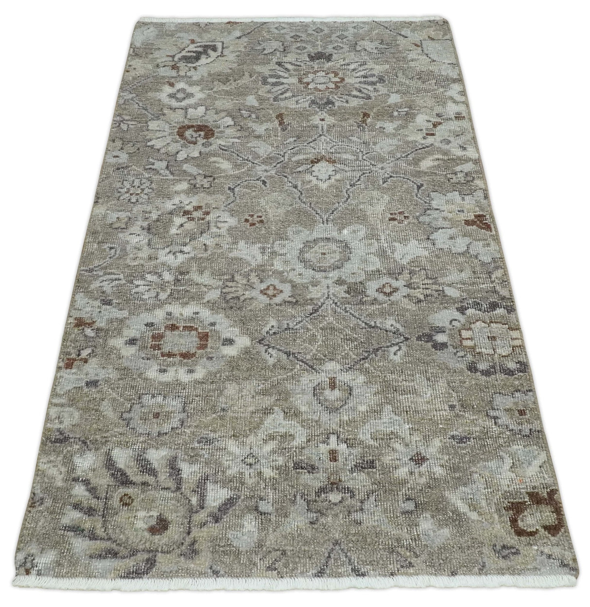 2x4 Gray and Brown Wool Hand Knotted traditional Vintage Antique Rug
