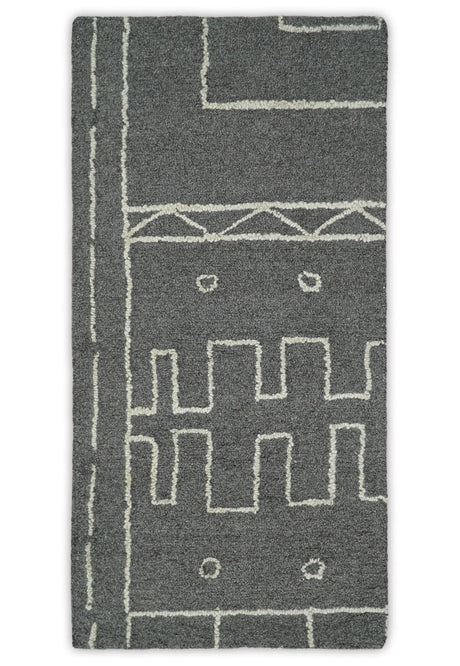 2x4 Gray and White Tribal Hand Hooked Textured Loop Area Rug | TRIB2-Area Rug-Parc Decor