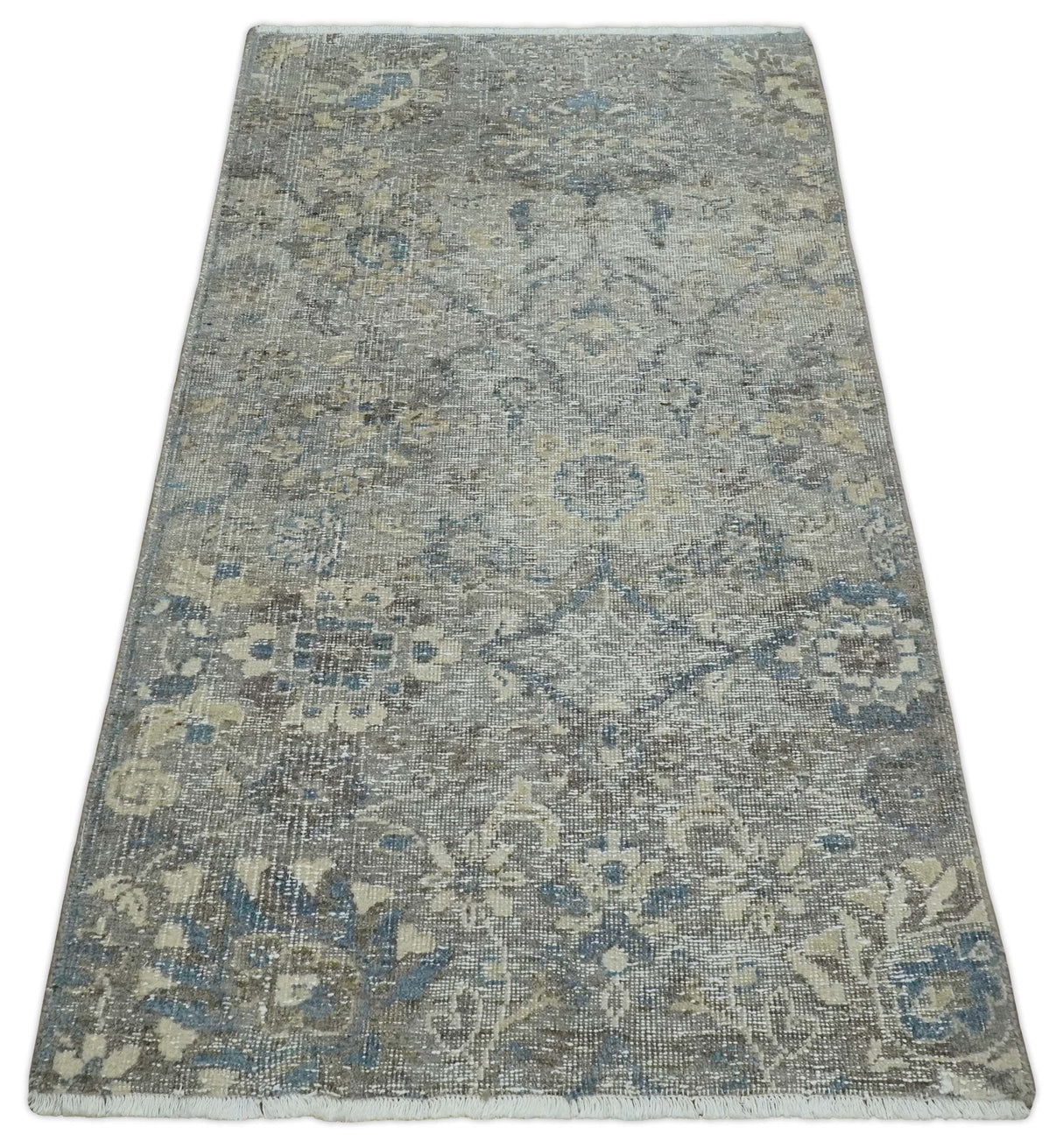 2x4 Gray, Beige and Blue Wool Hand Knotted traditional Vintage Antique Rug