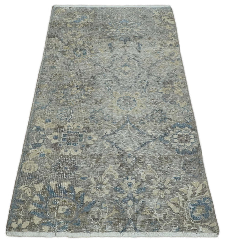 2x4 Gray, Beige and Blue Wool Hand Knotted traditional Vintage Antique Rug