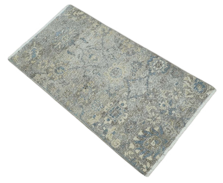 2x4 Gray, Beige and Blue Wool Hand Knotted traditional Vintage Antique Rug