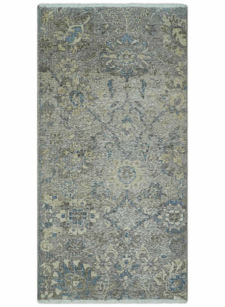 2x4 Gray, Beige and Blue Wool Hand Knotted traditional Vintage Antique Rug