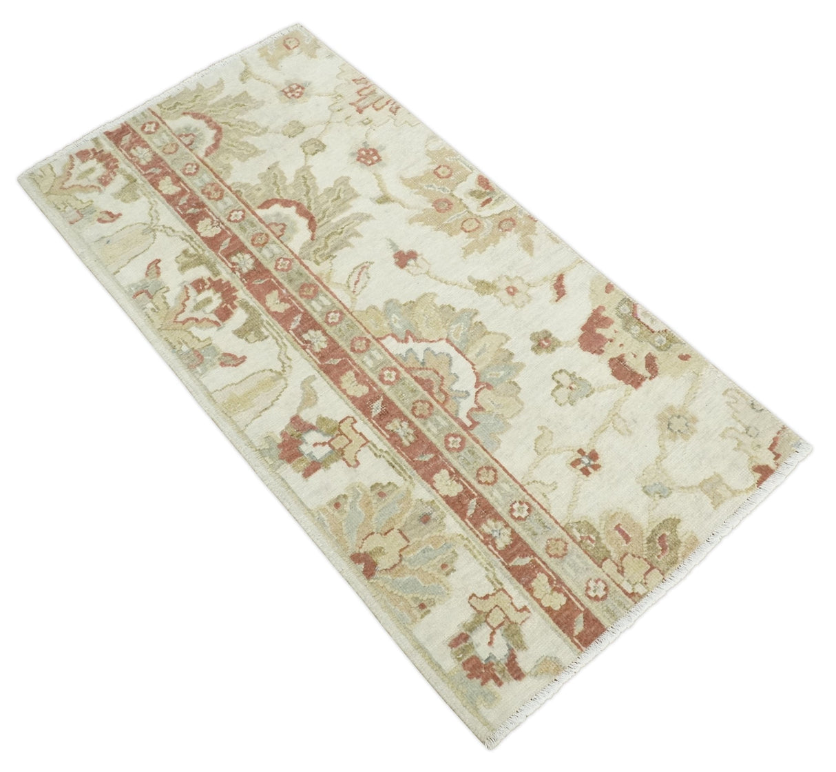2x4 Hand Knotted Beige and Rust Traditional Oushak Wool Rug