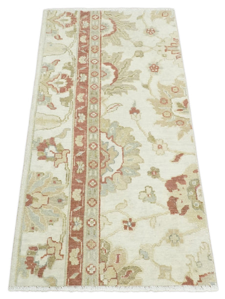 2x4 Hand Knotted Beige and Rust Traditional Oushak Wool Rug