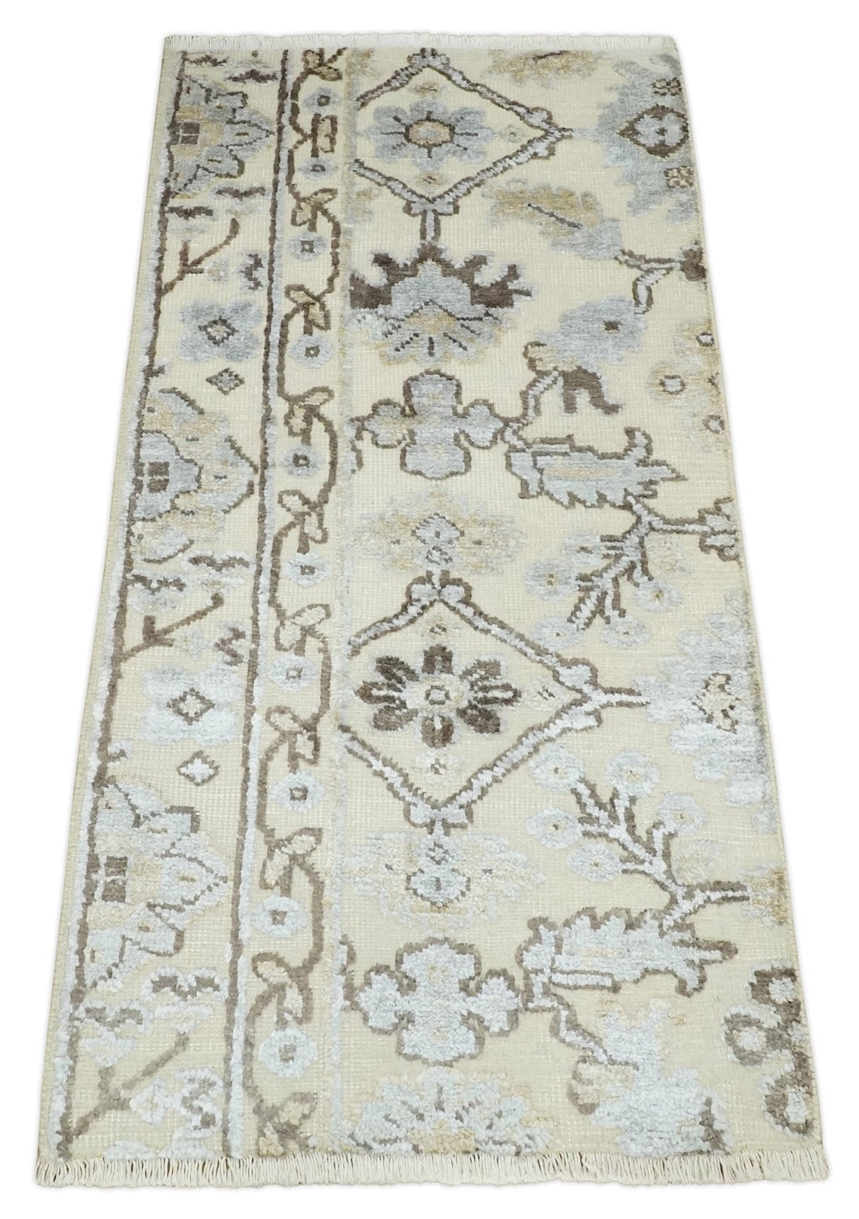 2x4 Hand Knotted Beige And silver Traditional Persian Oushak Wool Rug