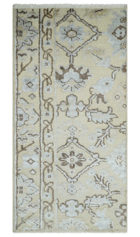 2x4 Hand Knotted Beige And silver Traditional Persian Oushak Wool Rug