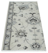 2x4 Hand Knotted Ivory and Silver Traditional Persian Oushak Wool Rug