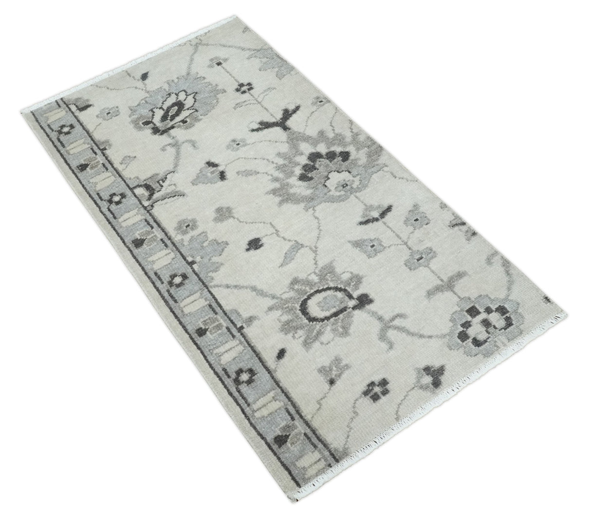 2x4 Hand Knotted Ivory and Silver Traditional Persian Oushak Wool Rug