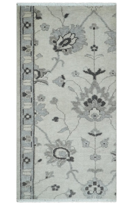 2x4 Hand Knotted Ivory and Silver Traditional Persian Oushak Wool Rug