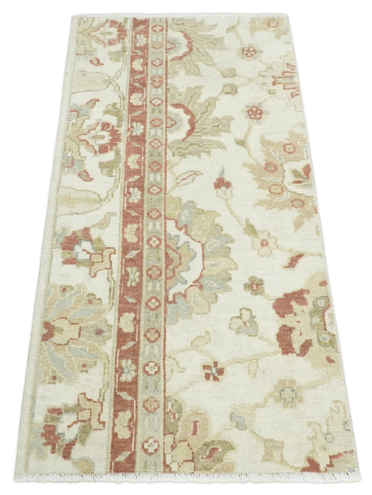 2x4 Hand Knotted Beige and Rust Traditional Oushak Wool Rug