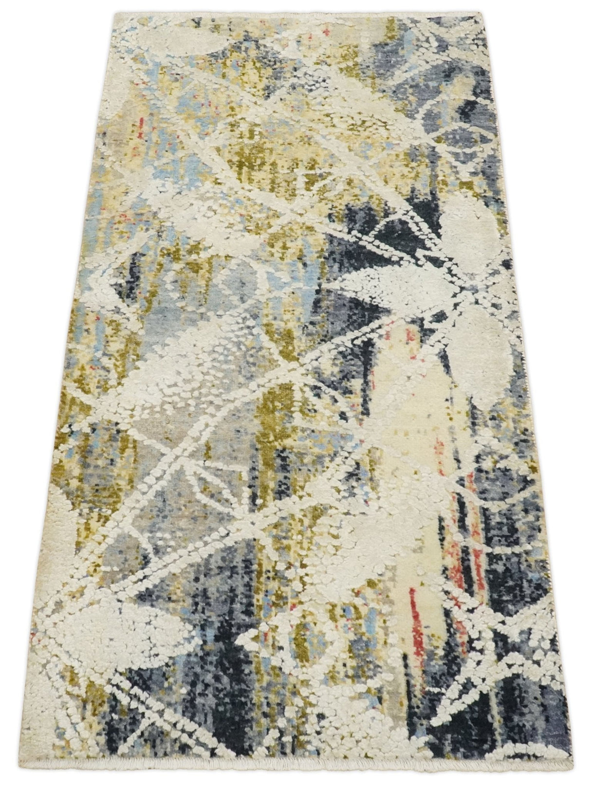 2x4 Hand Knotted Olive, Silver, Charcoal and Ivory with Wool and Art Silk | N7024-Area Rug-Parc Decor