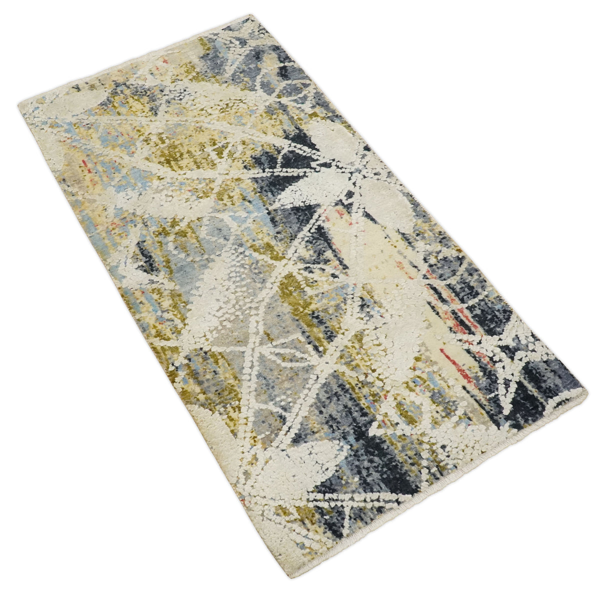 2x4 Hand Knotted Olive, Silver, Charcoal and Ivory with Wool and Art Silk | N7024-Area Rug-Parc Decor