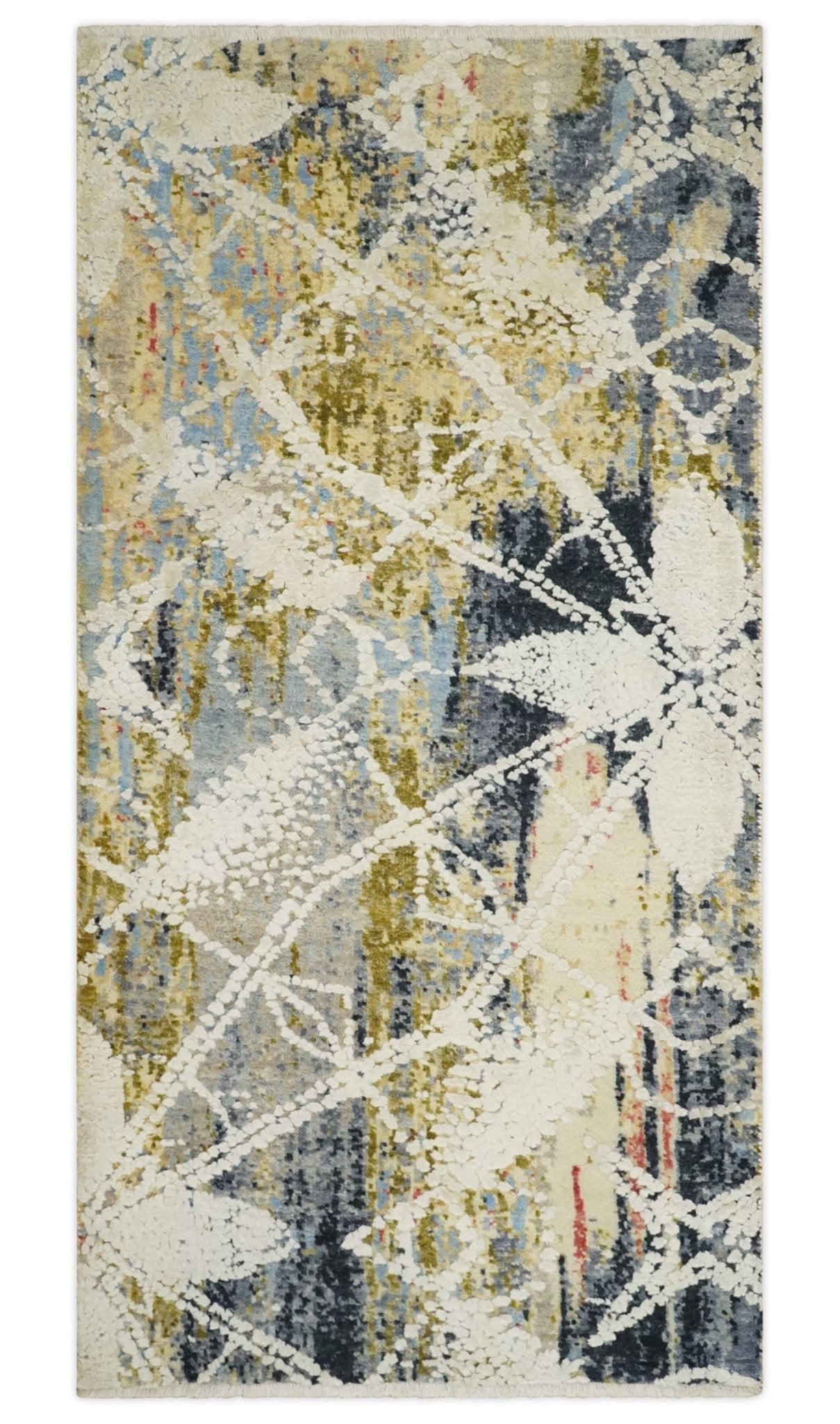 2x4 Hand Knotted Olive, Silver, Charcoal and Ivory with Wool and Art Silk | N7024-Area Rug-Parc Decor